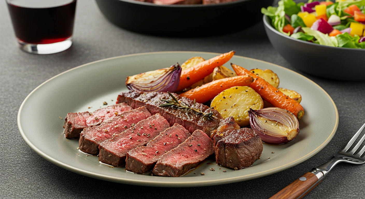 a plate of meat and vegetables