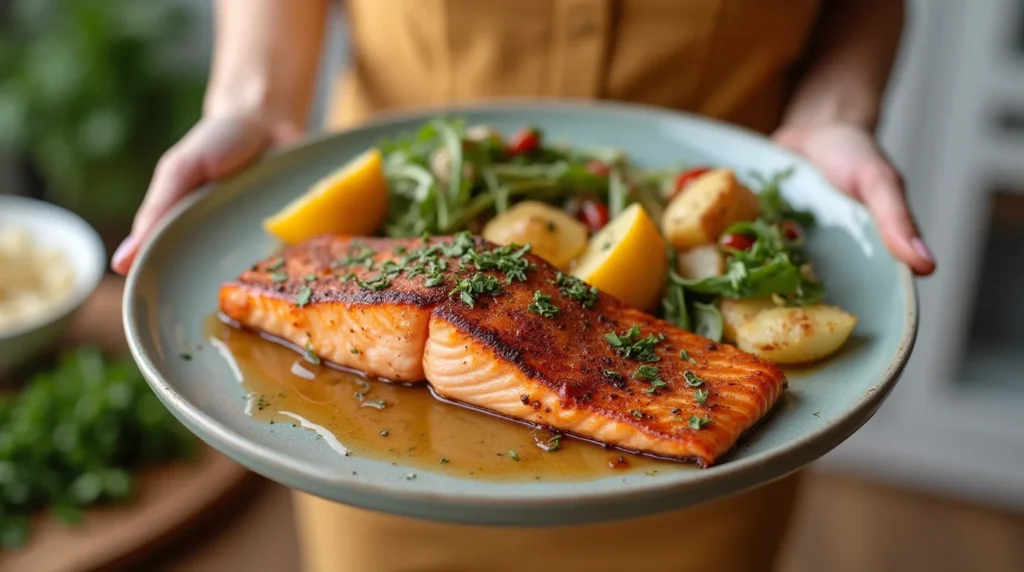 A woman serving a dish of a top Salmon Recipes High in Vitamin B