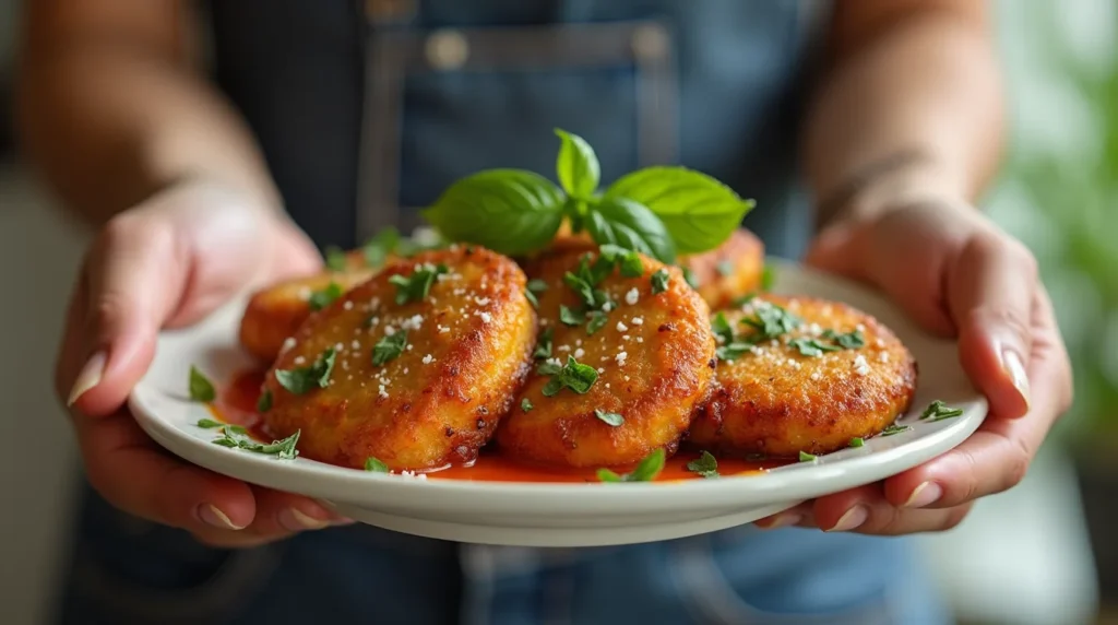 Italian cutlets dish of a woman serving