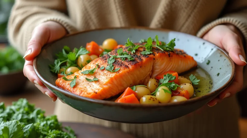 Italian salmon recipe woman serving a dish