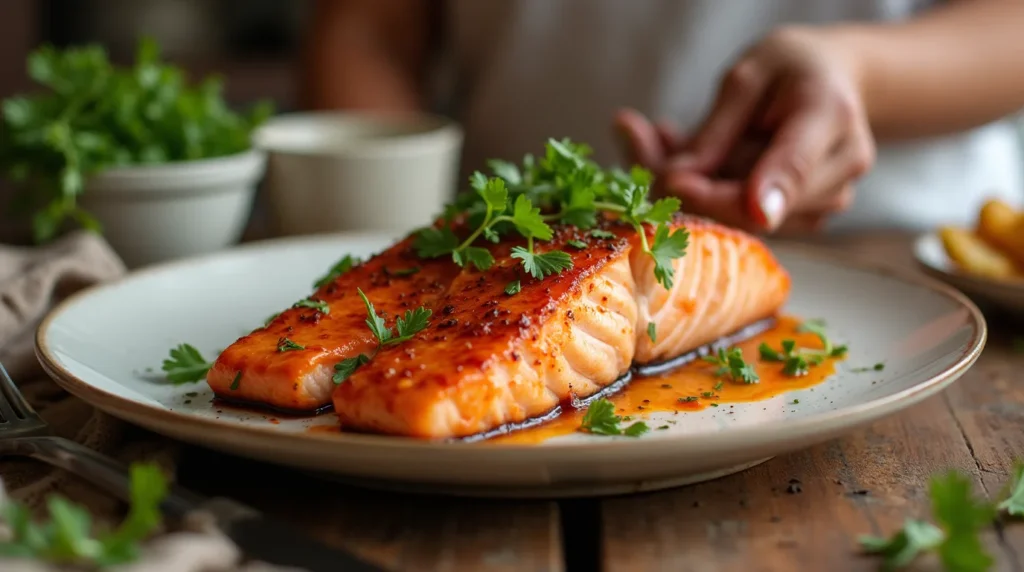 Perfect Salmon Asian Rub Recipe woman serving dish