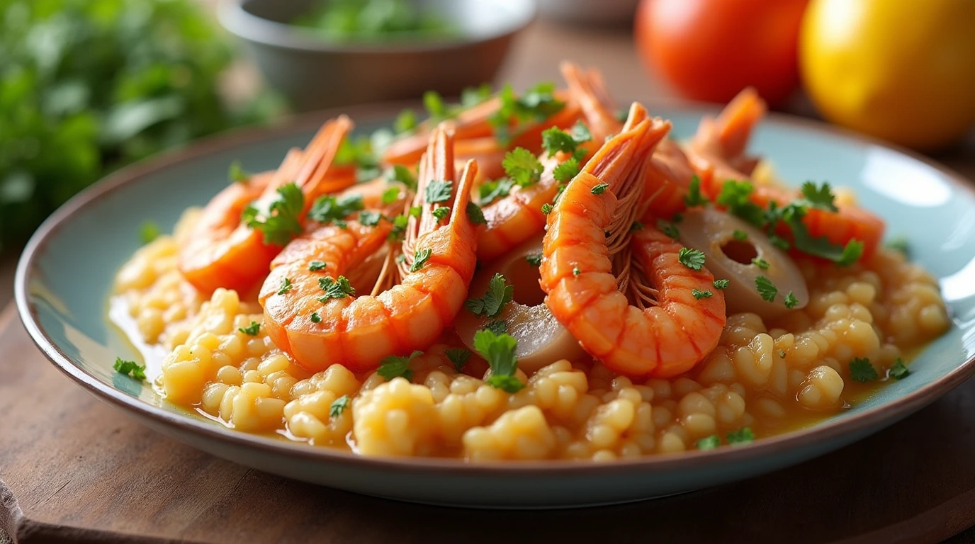 a plate of food with shrimp and rice