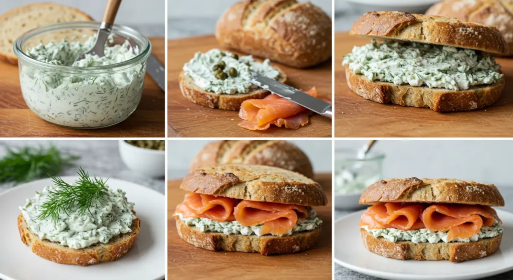 a collage of sandwiches with cream cheese and salmon