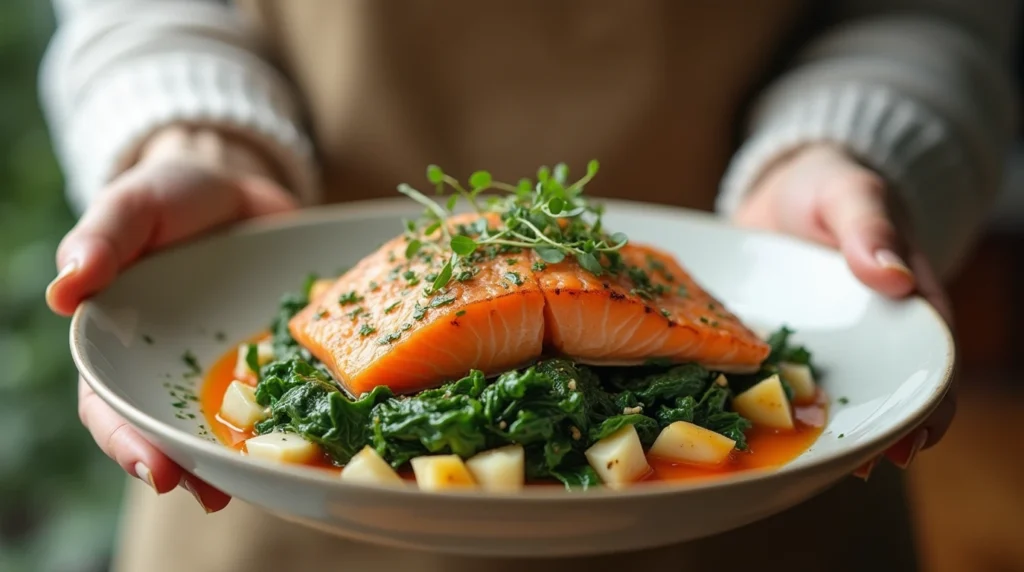 woman serving a dish of Salmon and Spinach recipe