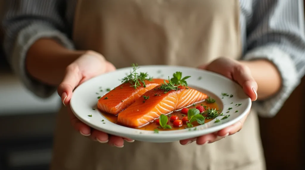 woman serving dish of hot smoked salmon