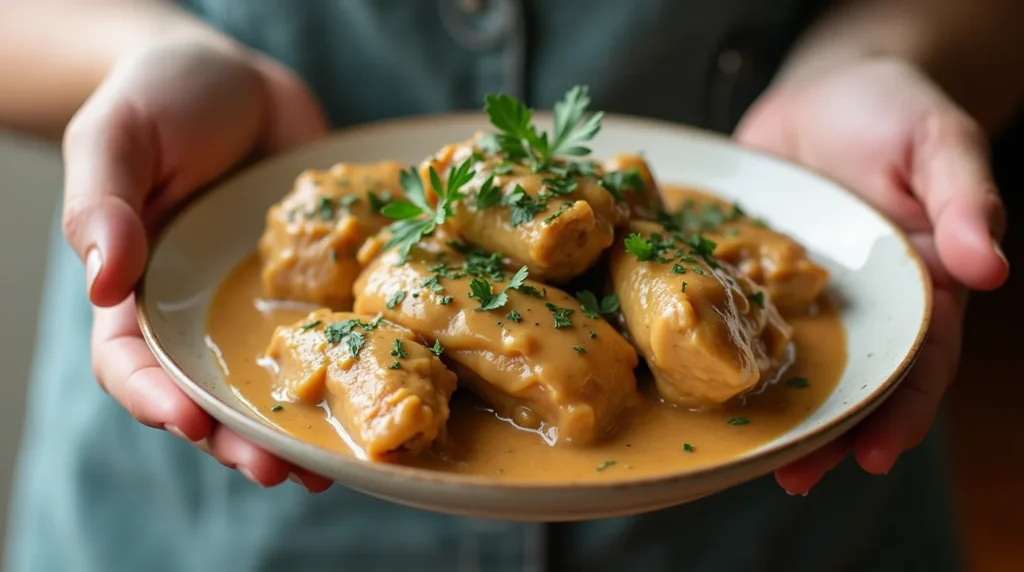 Easy Chicken and Gravy Recipe woman serving dish 