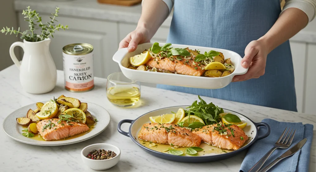 canned salmon woman serving a dish