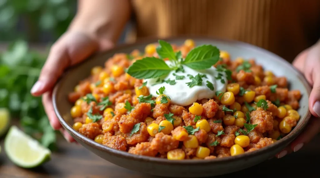 ground chicken Mexican corn recipe woman serving a dish 